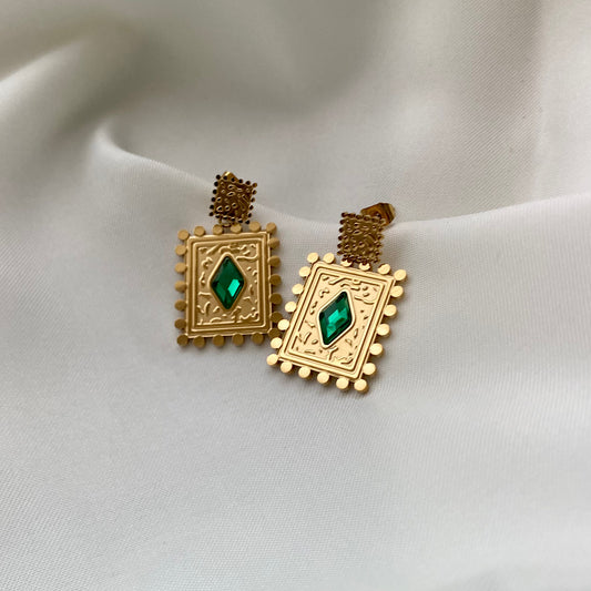 Gold Drop Stud Earrings With Emerald Green Cubic Zirconia