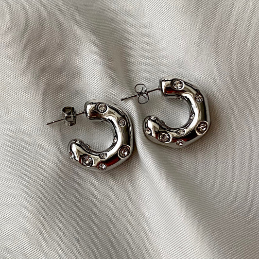 C Shaped Silver Zircon Stud Earrings
